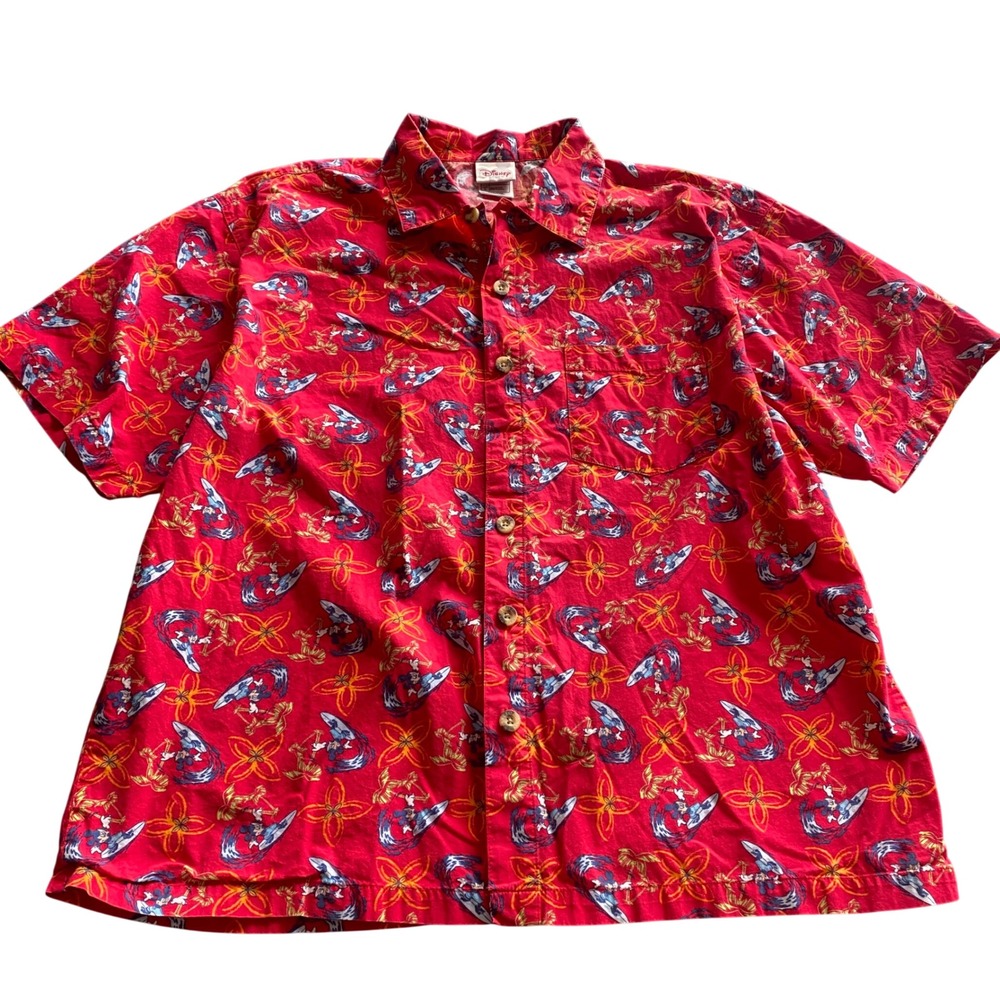 Disney Store Mens Mickey Mouse Camp shirt Large Surfing Hawaiian Red Cotton